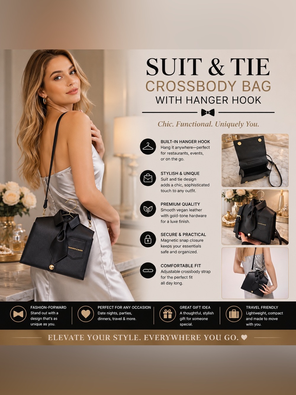 Suit and Tie Black Crossbody Bag with Hanger Hook